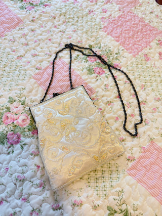 Vintage Ivory Beaded Evening Clutch Purse with Chain Strap – Sequin & Scroll Embroidery