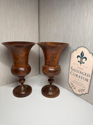 Vintage Pair of Heavy Brass Pedestal Urn Vases 10" - Made in India Rustic Patina
