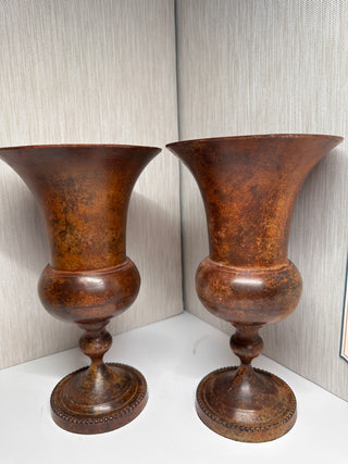 Vintage Pair of Heavy Brass Pedestal Urn Vases 10" - Made in India Rustic Patina
