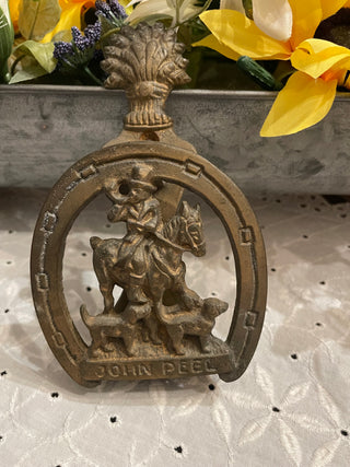Vintage John Peel Cast Iron Door Knocker | Horse & Hounds | English Hunting | Horseshoe Architectural Salvage