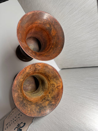Vintage Pair of Heavy Brass Pedestal Urn Vases 10" - Made in India Rustic Patina