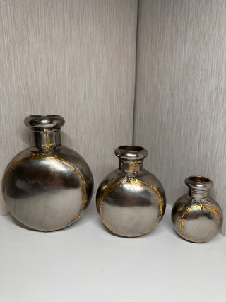 Set of 3 Antique Style Indian Mixed Metal Traveler Flasks