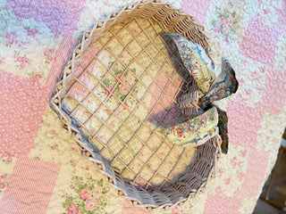 (As-is) Wicker Basket with Floral Quilt Liner & Cottagecore Ribbon Bows
