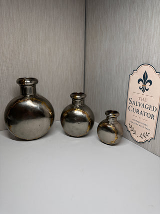 Set of 3 Antique Style Indian Mixed Metal Traveler Flasks