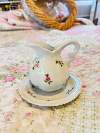 Floral Rose Porcelain Creamer Pitcher with Matching Underplate