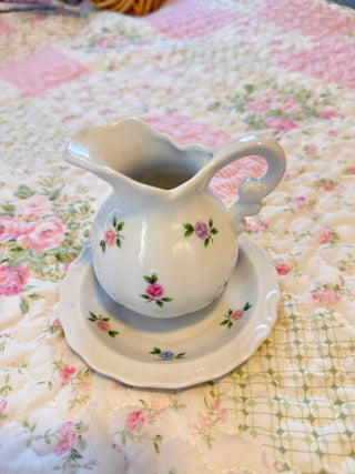 Floral Rose Porcelain Creamer Pitcher with Matching Underplate
