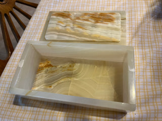 White Onyx Stone Jewelry or Trinket Box w/Floral Carving