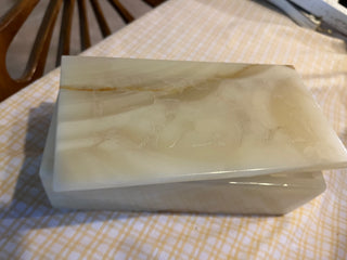 White Onyx Stone Jewelry or Trinket Box w/Floral Carving