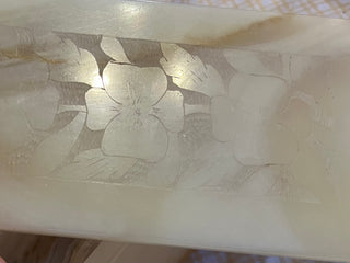 White Onyx Stone Jewelry or Trinket Box w/Floral Carving