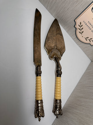 Vintage "Crown Tiara" Wedding Cake Knife & Server Set with Faux-Ivory Ribbed Handles