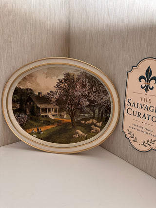 Vintage Currier & Ives "The American Homestead - Spring" Oval Lithograph Tin Serving Tray