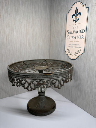 Farmhouse Metal Cake Stand – 10" Rustic Pedestal Display Riser with Ribbed Glass Accent