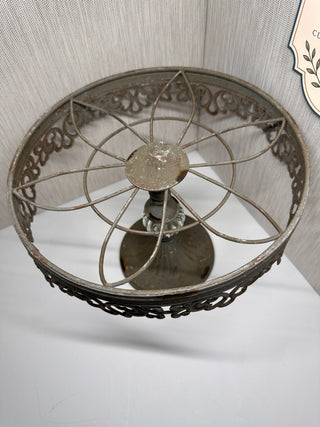 Farmhouse Metal Cake Stand – 10" Rustic Pedestal Display Riser with Ribbed Glass Accent