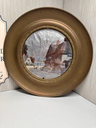 Vintage Made in England Solid Brass Wall Hanging Plate – Cottage & Seaside Village Foil Art (9.75")