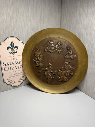 Vintage Mid-Century Korean Cast Brass Charger Plate – 11" Folk Dancers Wall Plaque