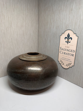 Vintage Heavy Hand Hammered Brass Bronze Orb Vase Stepped Ring Neck 11"x7"