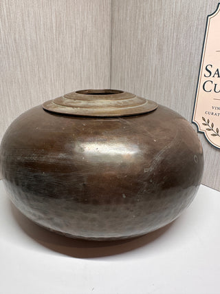 Vintage Heavy Hand Hammered Brass Bronze Orb Vase Stepped Ring Neck 11"x7"