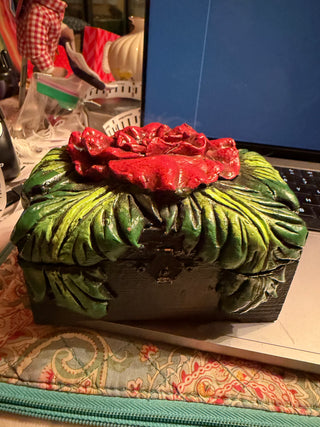 Painted & Signed Wooden Black Rose box VV