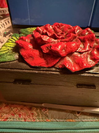 Painted & Signed Wooden Black Rose box VV