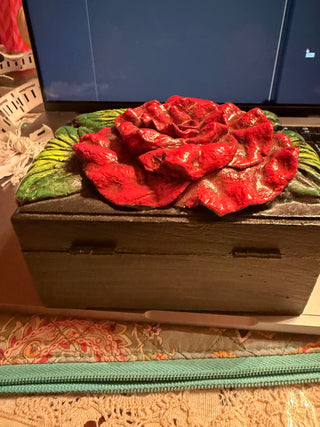 Painted & Signed Wooden Black Rose box VV