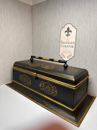 Large 22” Chinoiserie Toleware Style Document Box – Black & Gold Floral Decorative Accent Chest