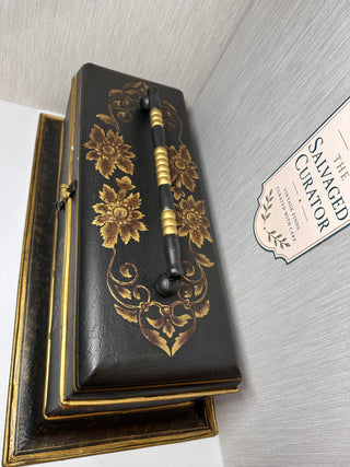 Large 22” Chinoiserie Toleware Style Document Box – Black & Gold Floral Decorative Accent Chest