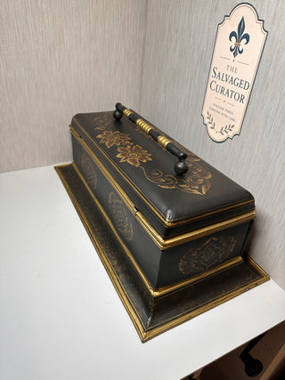 Large 22” Chinoiserie Toleware Style Document Box – Black & Gold Floral Decorative Accent Chest
