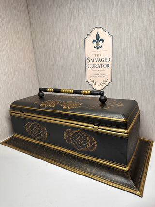 Large 22” Chinoiserie Toleware Style Document Box – Black & Gold Floral Decorative Accent Chest
