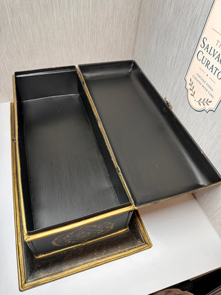 Large 22” Chinoiserie Toleware Style Document Box – Black & Gold Floral Decorative Accent Chest