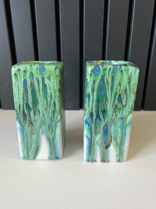 Pair of 2 green drip glaze pottery candle holders