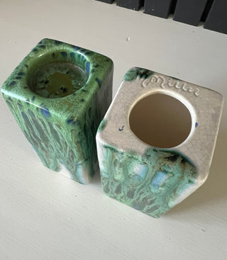 Pair of 2 green drip glaze pottery candle holders