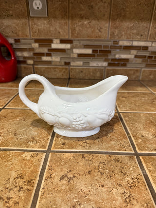 White Gravy Boat Embossed Fruit Design