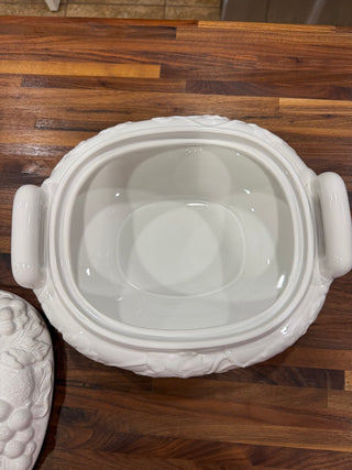 Vintage White Gibson Soup Tureen Fruit Design Lid Ladle