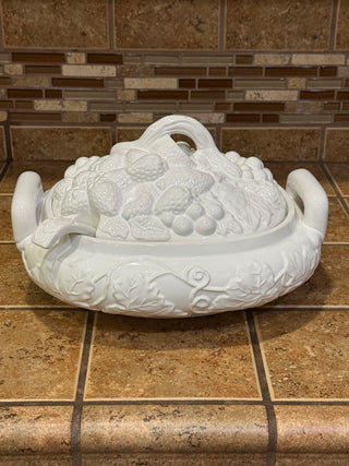 Vintage White Gibson Soup Tureen Fruit Design Lid Ladle