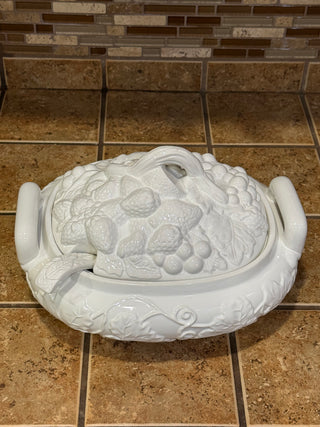 Vintage White Gibson Soup Tureen Fruit Design Lid Ladle