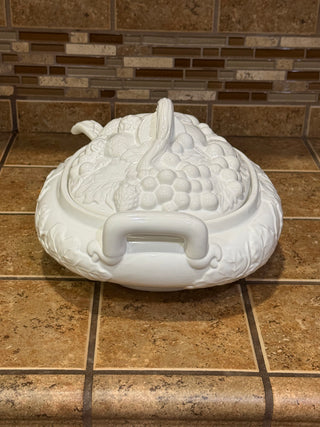 Vintage White Gibson Soup Tureen Fruit Design Lid Ladle