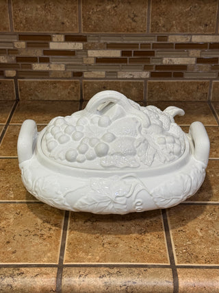 Vintage White Gibson Soup Tureen Fruit Design Lid Ladle