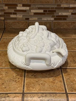 Vintage White Gibson Soup Tureen Fruit Design Lid Ladle