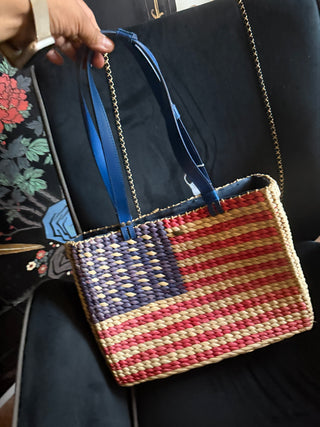 Scala American Flag Large Straw Purse Shoulder Bag Tote or Bag, Red White Blue VV