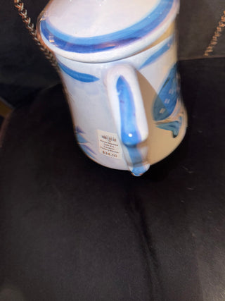 Amex Mexico Folk Art Ceramic Pottery Pitcher Jug  and lid Bluebird /Gray Signed VV