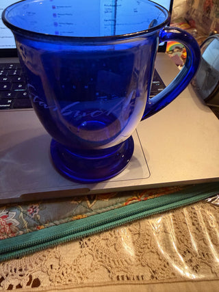 Starbucks Cobalt Blue footed 16 oz Mug Cup Etched Anchor Hocking Glass   Bliss Marketplace