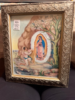 Our Lady of Guadalupe with Juan Diego, custom rose  silver frame  8" X 10" VV