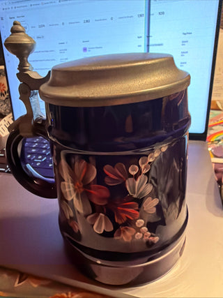 Vintage West Germany stoneware lidded Beer Stein flowers  Scene VV