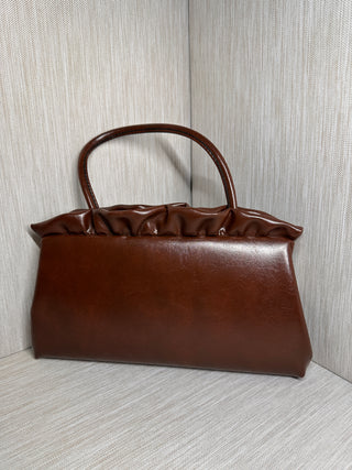 Retro 1970s Style Brown Vegan Leather Pleated Frame Handbag Mid-Century Aesthetic