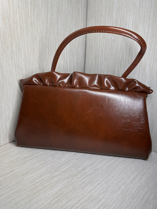 Retro 1970s Style Brown Vegan Leather Pleated Frame Handbag Mid-Century Aesthetic
