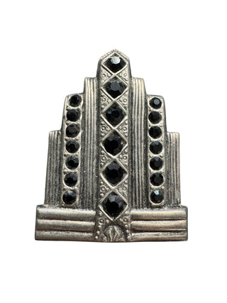 Vintage Art Deco Skyscraper Pin — Black Rhinestone Skyline