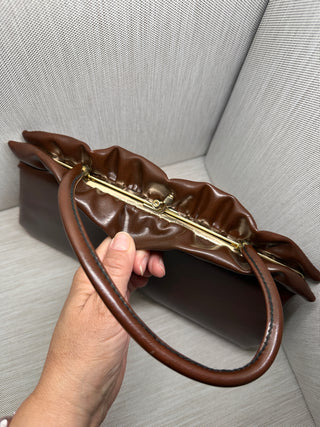 Retro 1970s Style Brown Vegan Leather Pleated Frame Handbag Mid-Century Aesthetic