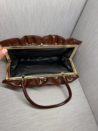 Retro 1970s Style Brown Vegan Leather Pleated Frame Handbag Mid-Century Aesthetic