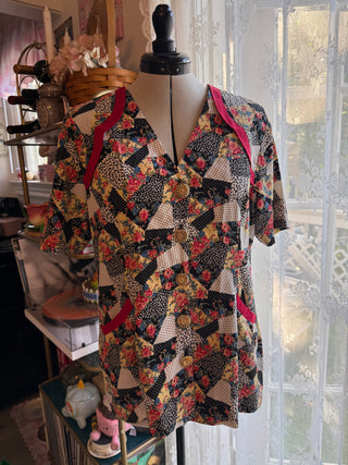 Vintage Floral Patchwork Blouse | Gold Button Front 80s/90s Top