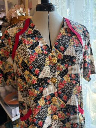Vintage Floral Patchwork Blouse | Gold Button Front 80s/90s Top